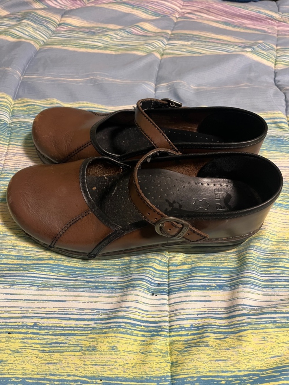 Dansko Brown and Black Mary Jane Strap Clogs